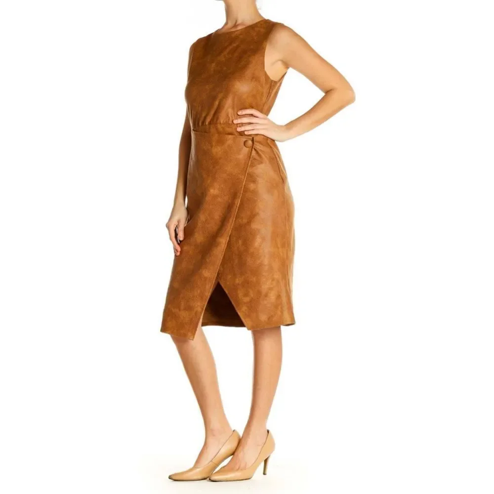 NWT Nordstrom Flattering Vegan Leather Sheath Dress + Slit in Camel Beige SZ S - Picture 3 of 15
